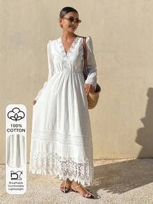 DAZY Lace V-Neck Midi Vacation Dress For Women Wedding Guest Dress - Beige - View 7