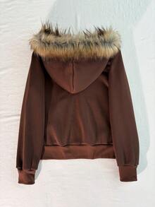 Glimmora 新款女士拉链卫衣，灰色长袖外套 - 咖啡棕 - 查看 2