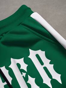 PAVTROS 男士字母十字印花短袖T恤和抽绳腰带卡拉OK套装；男士T恤和运动裤套装；两件套男士绿白运动服套装；印花T恤和慢跑裤；男士休闲套装 - 彩色 - 查看 5