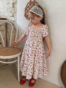 DAZY فستان صيفي كوري من الشيفون مطبوع بنقشة زهور كاملة للفتيات (صغير) - لون مشمشي - مشاهدة 2