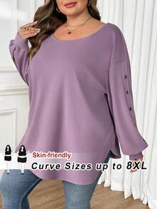 SHEIN CURVE+ قميص تي شيرت أسود بأكمام طويلة وتصميم أزرار مناسب للمقاسات الكبيرة