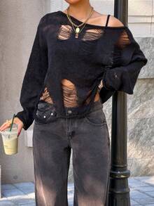 Muchica Women's Distressed Black Knit Pullover Sweater - Black - View 5