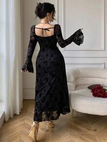 DAZY Vestido midi elegante con estampado floral negro y parches de malla, adecuado para el Día de San Valentín, bodas, fiestas y ocasiones formales, vestido ajustado para invitados de boda - Negro - Ver 3