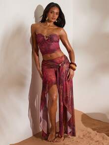 Opulessa 2pcs/Set Women's Knit Mesh Printed Crop Top & Low Waist Slit Skirt, Vacation Outfit, Spring/Summer Party, Club Outfits, Date, Night Out,Vacation ,Beach Outfits,Garden Wedding Guest Dress, Elegant Dress For Women,Sexy Elegant Party, Graduation,Prom, Going Out Outfit, Spring To Summer, Valentine's Day, Carnival Costume, Elegant Outfit For Party, Beach Outfit, Wedding Guest Outfit, Summer Vacation Outfits, Floral Outfit, Casual Sets,Mermaid, Bohemian Outfits, Ibiza Outfits, Western Style - Hot Pink - View 5