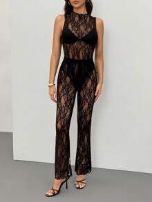 SHEIN Tall Lace Long Sleeve Sheer Jumpsuit With Sheer Pants Set - Black - View 3