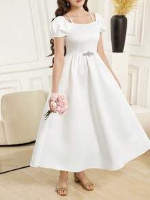 女童优雅缎面长裙，正式阿巴雅长袍，闪亮迷人设计，适合生日派对、正式庆典等场合，高端优雅礼服 - 白色 - 查看 4