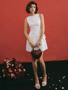 Poéselle 女士纯色圆领荷叶边无袖时尚迷你连衣裙 - 白色 - 查看 8