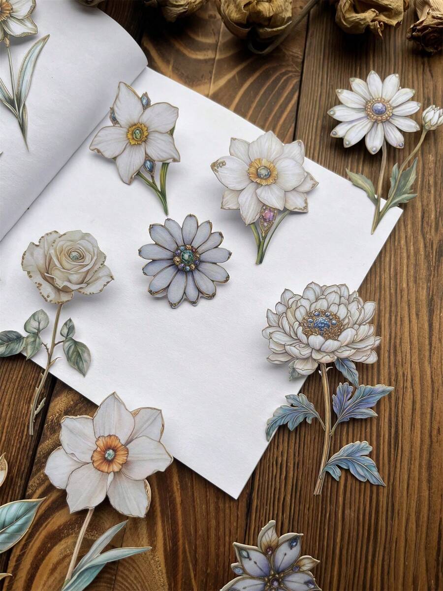 15张/包 复古3D立体纹理长茎花朵硬卡纸加厚贴纸套装，花卉阴影系列，适用于日记本、计划本装饰，异形工艺贴纸，学习用品，返校季 - 彩色 - 查看 1