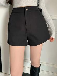 DAZY 女士休闲日常通勤简约纯色抓绒短裤嘉年华 - 黑色 - 查看 5