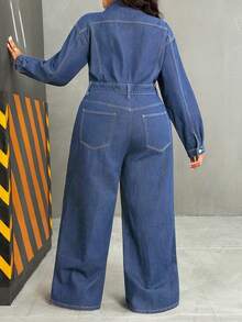 Slaydiva 大码女式牛仔风格无弹力修身蓝色牛仔连体裤，秋季穿搭 - 中等水洗藍 - 查看 2