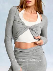 GLOWMODE Softy Velvaire Weekend Flow Super Soft Stretchy 2-Piece Twisted Front Waist Length Layered Thumbholes Yoga Top Studio Daily Casual Wear