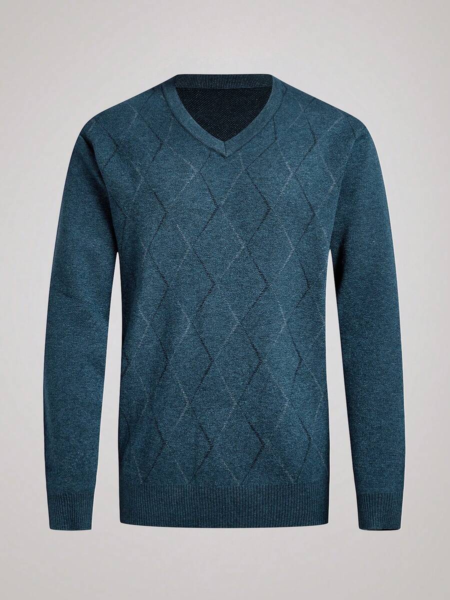 Officeau 男士加厚V领提花毛衣，休闲商务通勤长袖套头衫，秋冬季针织上衣 - 青碧色 - 查看 1