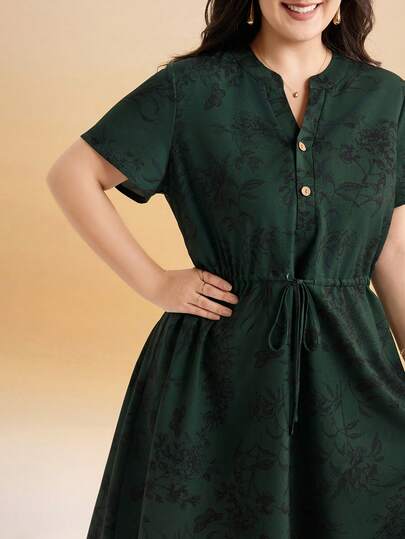 Momelise Plus Size Women Casual Floral Print V-Neck Button Short Sleeve Drawstring Waist A-Line Midi Dress