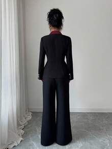 Elenzga Bộ vest nữ cao cấp phối màu thanh lịch gồm áo blazer và quần ống loe, gồm 2 mảnh, phù hợp cho công sở, đi làm và mặc hàng ngày. - Màu Đỏ Sâu - Xem 2