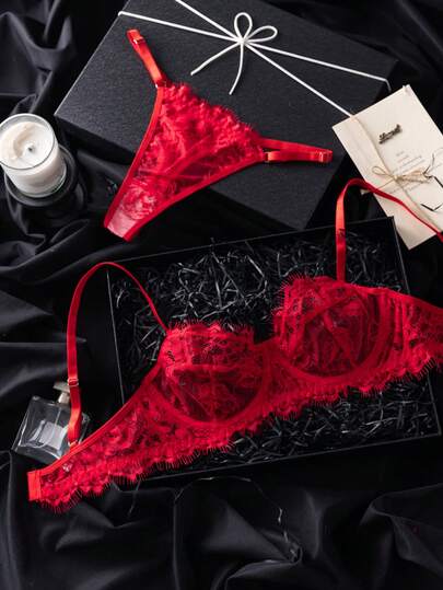 Set de 2 piezas de lencería con parches de encaje burdeos maduro