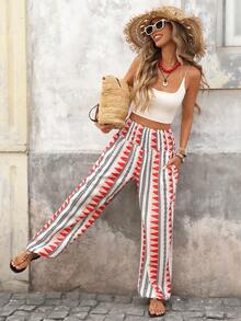Brillora Women's White And Black Geometric Print High Waist Drawstring Wide Leg Pants,Summer Boho Vacation Holiday Beach Bohemian Style Slant Pocket Pants - Red - View 1