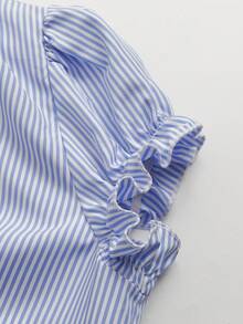 GlowEve Women's V-Neck Ruffle Trim White Button Waist Fitted Short Sleeve Shirt, Commuting Fashion Date Sweet Romantic New Style Blue & White Striped Blouse - Blue and White - View 3