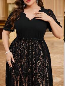 Reflora Vestido elegante de manga corta con escote en V, encaje y volantes en la cintura para mujer de talla grande - Negro - Ver 10