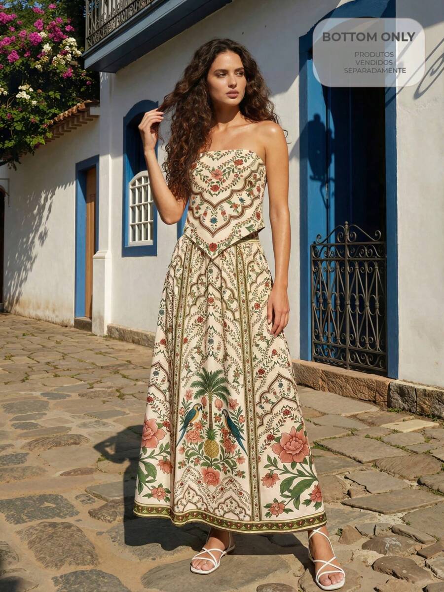 CAJUNI Long A Line Multicolor Boho Skirt With Plants Print - Multicolor - View 1