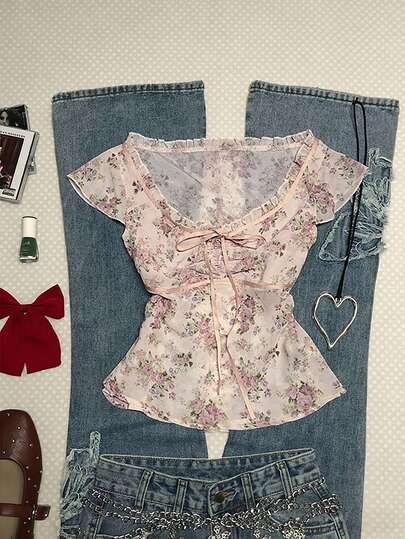 Glimmora Women's Ditsy Floral Bow Tie Blouse