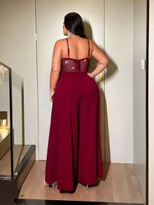 NU&NOW 大码女士性感派对吊带亮面弹力网纱阔腿连体裤，适合情人节穿着 - 酒紅色 - 查看 3