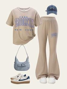 SHEIN Explorewe 2pcs/Set Printed Short Sleeve T-Shirt And Flare Pants Outfit For Tween Girl, Fashionable Casual Suitable For Spring, Summer, Autumn - Khaki - View 3