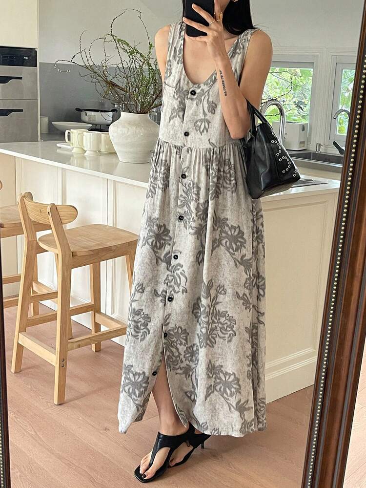 Women's Floral Embroidered Front Button Casual Sleeveless Mid-Length Dress,Valentine Outfits For Women Summer Maxi Dress Sundress