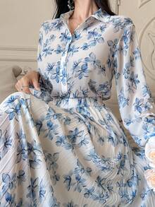 DAZY 女士优雅印花褶皱上衣和半裙两件套，春夏款 - 藍色 - 查看 6