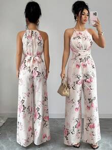 SHEIN Elenzya 女士流行玫瑰印花露背扭结褶皱连体裤，优雅时尚休闲连体裤，适合日常和户外穿着，夏季 - 彩色 - 查看 1