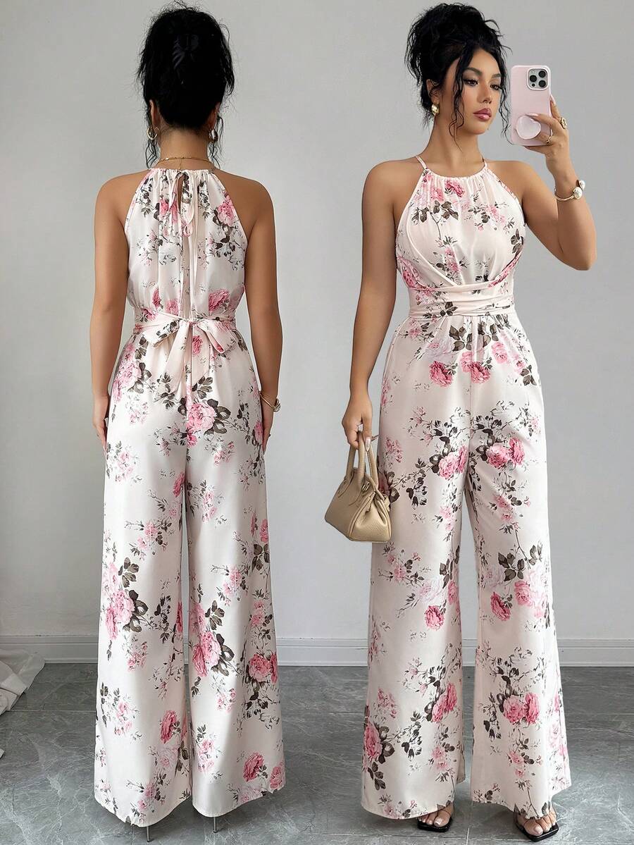 SHEIN Elenzya 女士流行玫瑰印花露背扭结褶皱连体裤，优雅时尚休闲连体裤，适合日常和户外穿着，夏季 - 彩色 - 查看 1