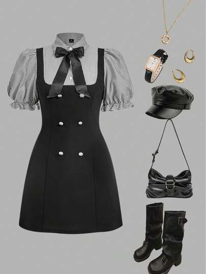 SHEIN MOD 大码黑白条纹双排扣拼接连衣裙，正面饰有蝴蝶结，采用二合一设计。甜美学院风，适合日常穿着或约会。优雅的短款A字连衣裙，是春夏的理想之选。