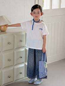 DAZY 女童（小号）休闲水钻装饰宽松牛仔裤 - 深色水洗藍 - 查看 1