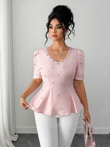 SHEIN Elenzya Áo kiểu tay ngắn cổ chữ V màu trơn, cỡ lớn, đính đá lấp lánh, thanh lịch. - Hồng - Xem 4