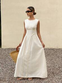 Livesso Summer Holiday Outfit, Boat Neck Sleeveless Waist Cinched Party/Wedding Guest Greek Style Mid-Length Dress For Women - Beige - View 3