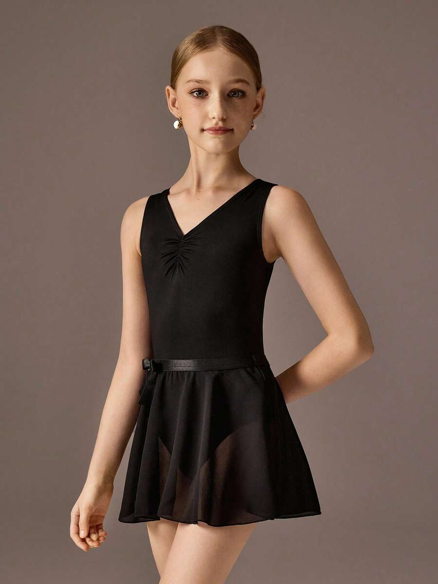 少女芭蕾舞紧身衣及裙子套装，无袖高弹力紧身衣，胸部褶皱设计，搭配轻盈雪纺裙 - 黑色 - 查看 1