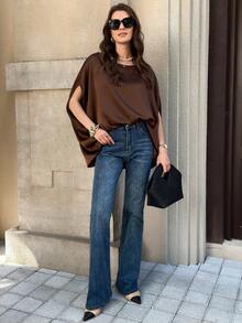 Solivie 女士春季斗篷式上衣，咖啡色，时尚百搭，适合外出、聚会、情人节等夏季场合，蝙蝠袖上衣，深棕色上衣，巧克力棕色上衣 - 咖啡棕 - 查看 5