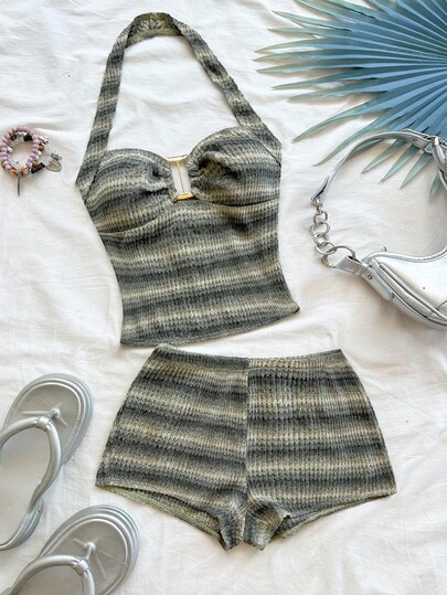Soleia Plus Size Women's Vacation Striped Knit Textured Fabric Metal Decor Halter Neck Tie Backless Crop Top And Super Short Shorts 2 Pieces Set, Suitable For Party, Christmas, Date, Nightclub, Beach, Cruise, Afternoon Tea, Bohemian, Boho, Vacation, Fall Women Clothes, Vintage,Summer Outfits,Spring Outfit Women, Festival Outfits For Women,Beach Outfits For Women ,Beach Vacation Outfits For Women,