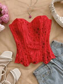 Soleia 大码女式纯色镂空性感无袖露脐上衣，适合嘉年华、夏季、度假、海滩等场合。 - 紅色 - 查看 1