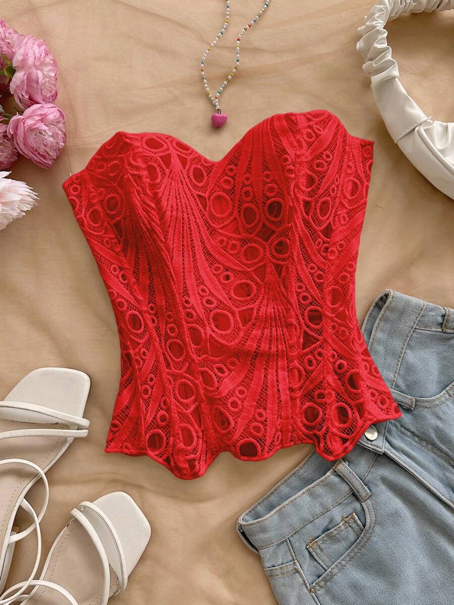 Soleia 大码女式纯色镂空性感无袖露脐上衣，适合嘉年华、夏季、度假、海滩等场合。 - 紅色 - 查看 1