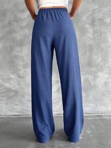 SHEIN Tall Cotton Tall Size Solid Elastic Waist Straight Leg Pants - Navy Blue - View 2