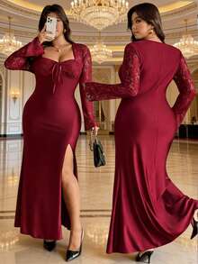 Flirla Bodycon-Kleid mit Schlitz in Rot und Spitze-Patchwork für Damen in Große Größen, minimalistisch & elegant für Partys - Rot - Übersicht 4