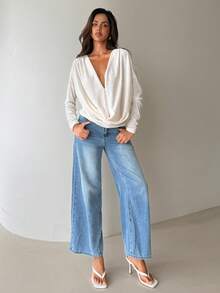 Aloruh Women's Casual Vacation Daily Solid Apricot Ruched Long Sleeve Loose Blouse - Apricot - View 3