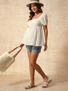 Boho Mama 孕妇波点印花休闲套头短袖衬衫 - 杏色 - 查看 6