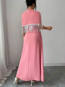 Elenzga Women's Elegant Pink Summer Wedding Ninang Sleeveless A-Line Solid Color Dress,High-End Waist Gathered Gown With Silver Sequin Tassel Decor Shawl - Dusty Pink - View 2