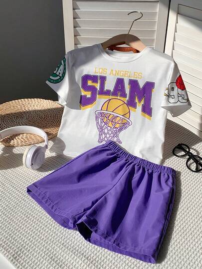 SHEIN 2 piezas Conjunto de camiseta de manga corta de cuello redondo y pantalones cortos de punto con patrón de dibujos animados y graffiti casual para niños pequeños, adecuado para atuendos de niños, ropa de niño pequeño, de vuelta a la escuela, conjunto de niños adecuado para fiestas de cumpleaños, fiestas de noche, actuaciones, bodas, bautizos, ceremonias de apertura, ropa de Oriente Medio, uso diario, escuela, viajes, deportes, temporadas de primavera y verano