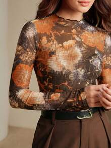 Anewsta Blusa Elegante de Estampa Floral Ajustada com Gola Mandarim e Mangas Transparentes, Adequada para Verão, Outono, Casual, Chique, Ano Novo - Laranja - Visão 5