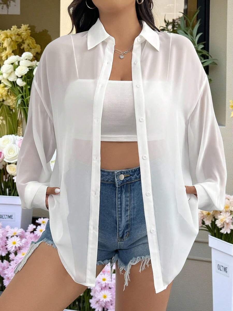GalTyme 大码女式休闲宽松雪纺薄纱长袖开襟衬衫，适合夏季、秋季、上学、约会、下午茶、海滩、夏威夷等各种场合。 - 白色 - 查看 1