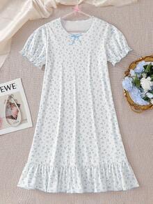 少女白色底碎花长款睡袍家居服