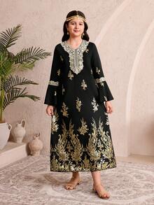 فستان كم طويل بطباعة بسيطة للفتيات المراهقات - الأسود - مشاهدة 9