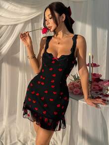 SHEIN EZwear Đầm ngắn màu đen lưới họa tiết trái tim dành cho nữ - màu đen - Xem 5